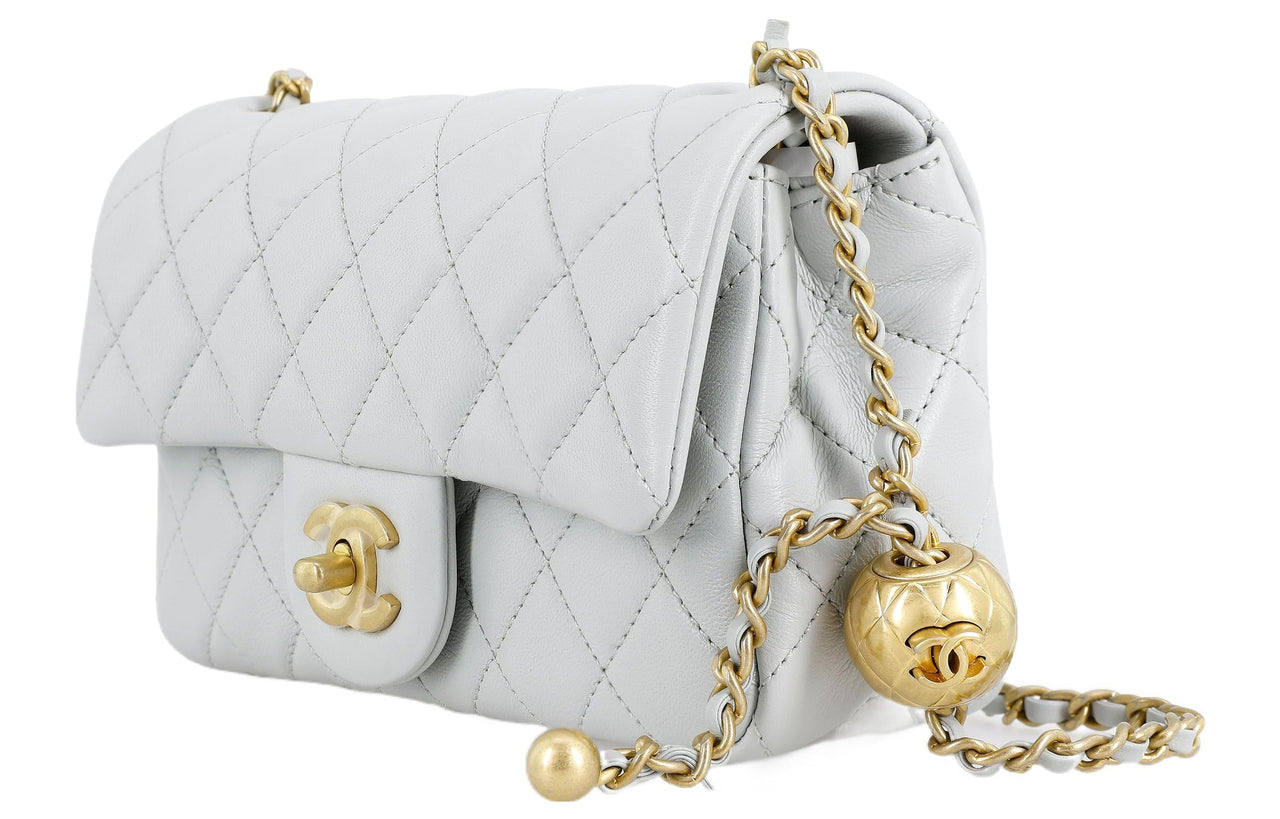CHANEL Small Gold Ball Classic Flap CF Sheepskin Small Square Bag Shoulder Bag, Crossbody Bag Mini Women's Gray Green