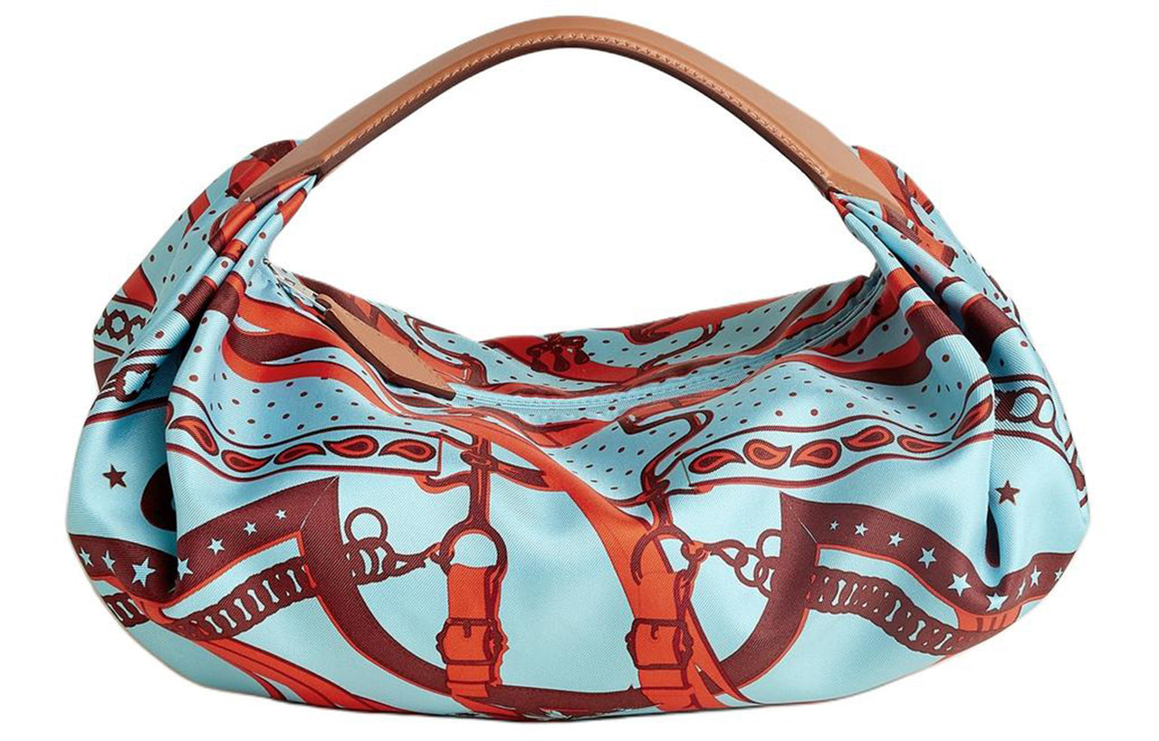 HERMES Silk With Hunter Cow Leather Lunch Bag Handbag Women's Japanese Blue & Natural