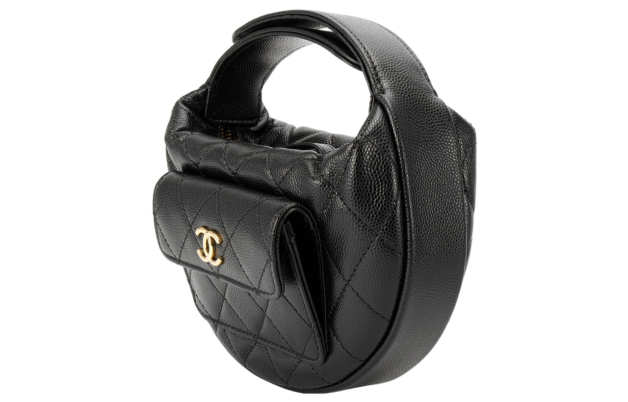 CHANEL Grained Litchi Cow Leather Crescent Moon Bag Clutch Mini Women's Black