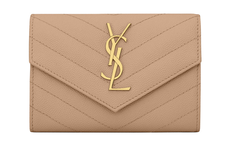 SAINT LAURENT Monogramme Quilted Leather Calfskin Envelope Wallets Small Size Women's Dark Beige
