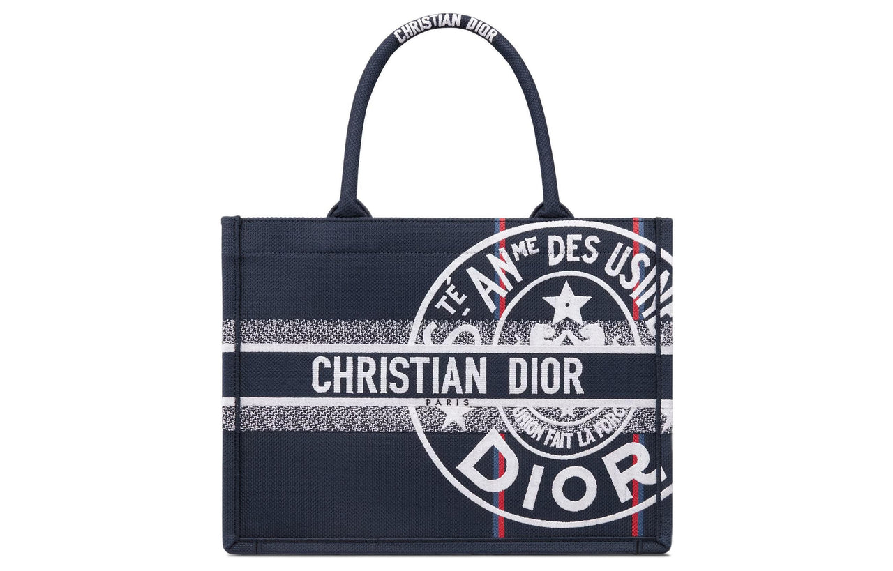DIOR BookTote Embroidery Tote Bag Shopping Bag Handbag Medium Size Women's Blue