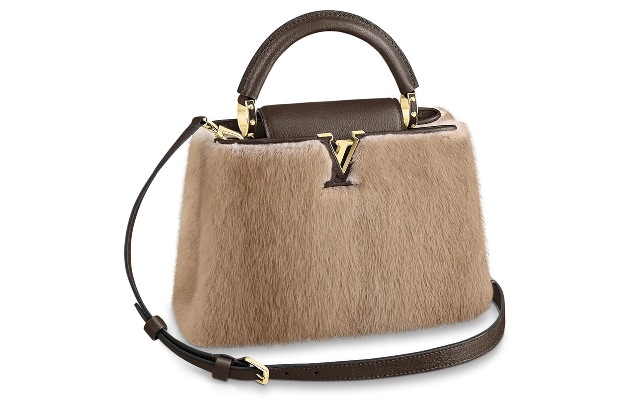 LOUIS VUITTON Capucines Mink Fur With Goatskin Trim Capusin Shoulder Crossbody Handbag Small Size Women's Light Umber
