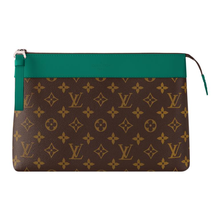 LOUIS VUITTON Pochette Voyage Coated Canvas Clutch Men's Brown & Green