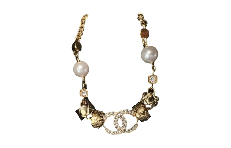 CHANEL Metal Rhinestone Artificial Pearl Necklaces Women's Gold