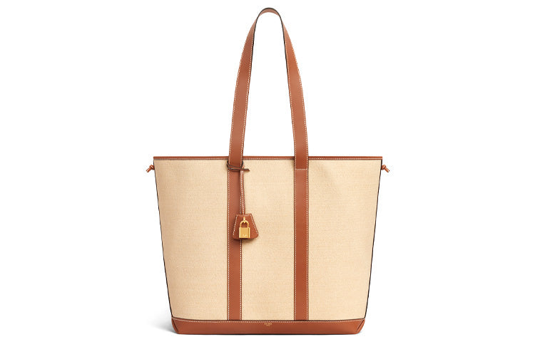 CELINE Cabas Fabric With Leather Tote Bag Shopping Bag Handbag Shoulder Bags Women's Natural Color/Tan