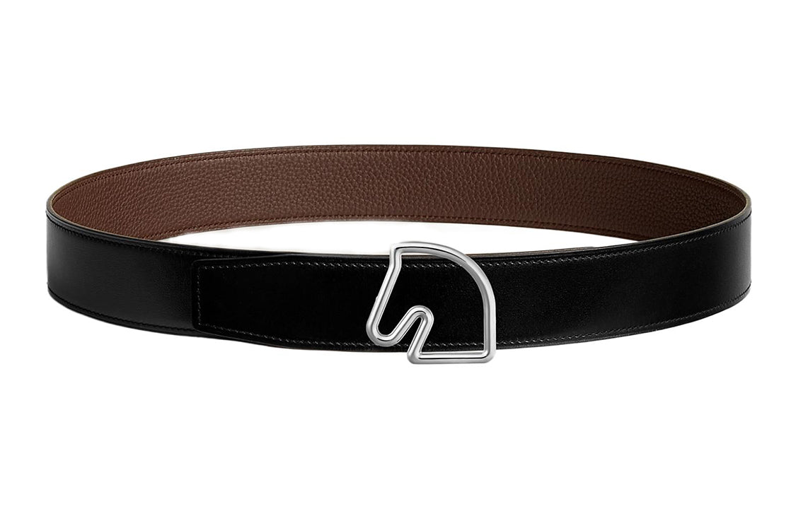 HERMES Horsehead Logo Reversible Smooth Buckle Calfskin Leather Belts Men's Black Width: 3.8CM