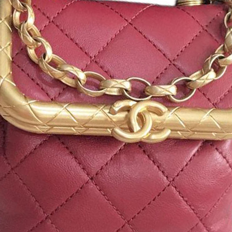 CHANEL Sheepskin Box Bag Shoulder Bag Crossbody Bag Handbag Small Size Women's Red