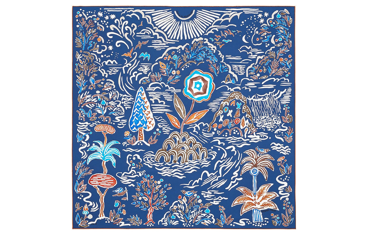 HERMES Silk Scarves Women's Marine Blue/Brown/White