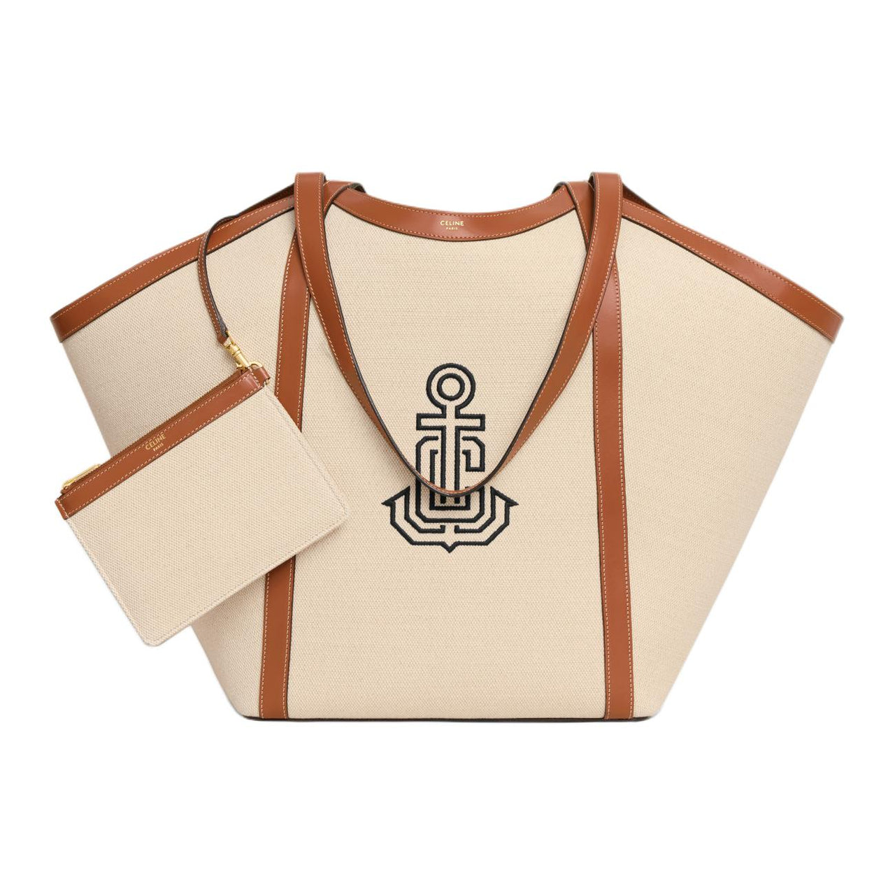 CELINE Cabas Fabric With Cow Leather Shoulder Bag Tubas Women's Natural & Tan