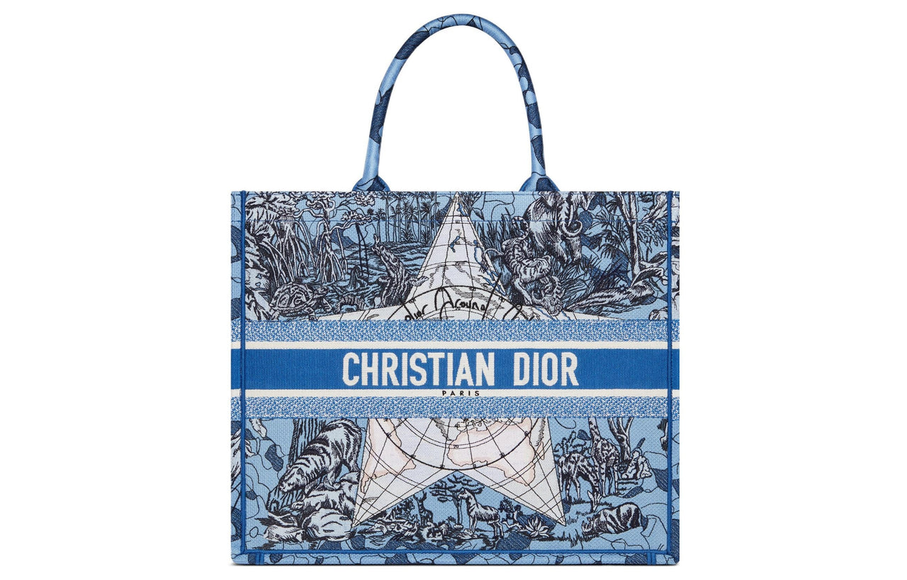DIOR BookTote Embroidery One Shoulder Handbags Large Size Women's Klein Blue