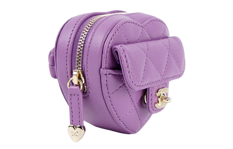 CHANEL 22SS Lambskin Heart-Shaped Bag Clutch Coin Purse Wrist Bag Women's Purple