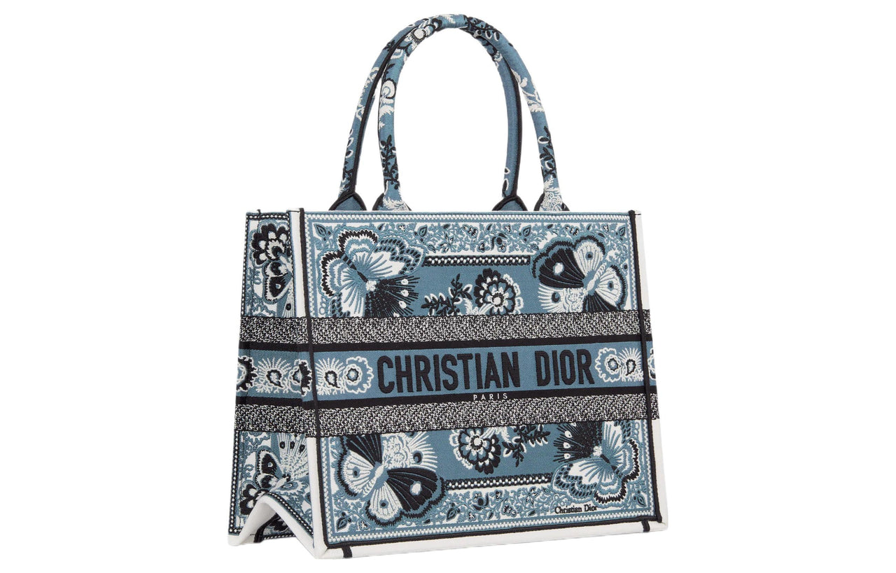 DIOR BookTote Embroidery Tote Bag Shopping Bag Handbag Medium Size Women's Denim Blue