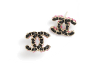 CHANEL Leather Stud Earrings Women's Black Gold
