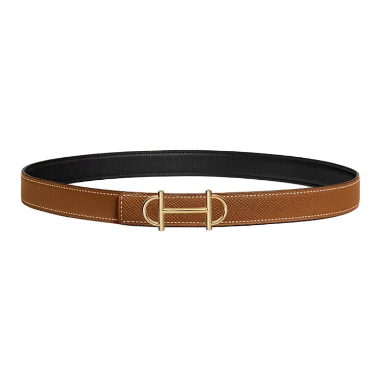 HERMES Gold-Plated Metal Calfskin Leather Belts Women's Black/Brown Width 2.4CM