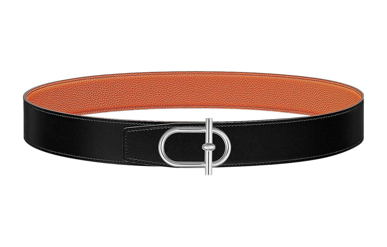 HERMES Vintage Silver Buckle Togo Calfskin Double-Sided Leather Belt Men's Black Width: 3.8cm
