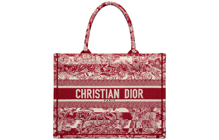 DIOR BookTote Stripes Jungle Collection Tote Bag Shopping Bag Handbag Medium Size Women's Burgundy