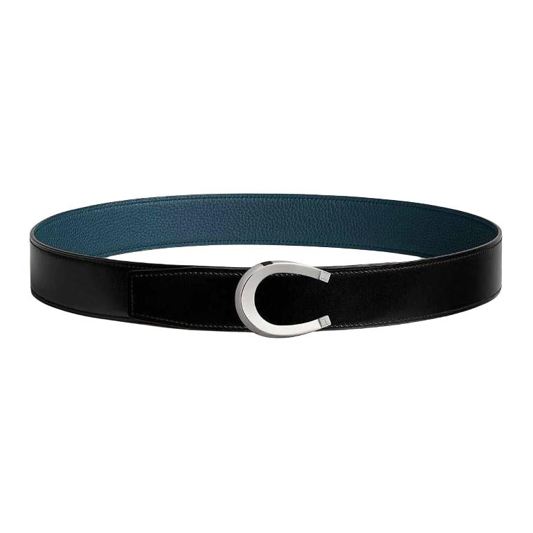HERMES Calfskin Leather Belts Men's Black Width: 3.8CM