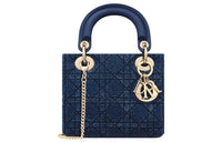 DIOR Lady Dior Cotton Beaded Embroidery Shoulder Bag Crossbody Bag Handbag Mini Women's Deep Sea Blue