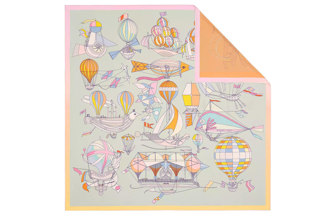HERMES Silk Scarves Women's Apricot Green/Rose Pink/Orange