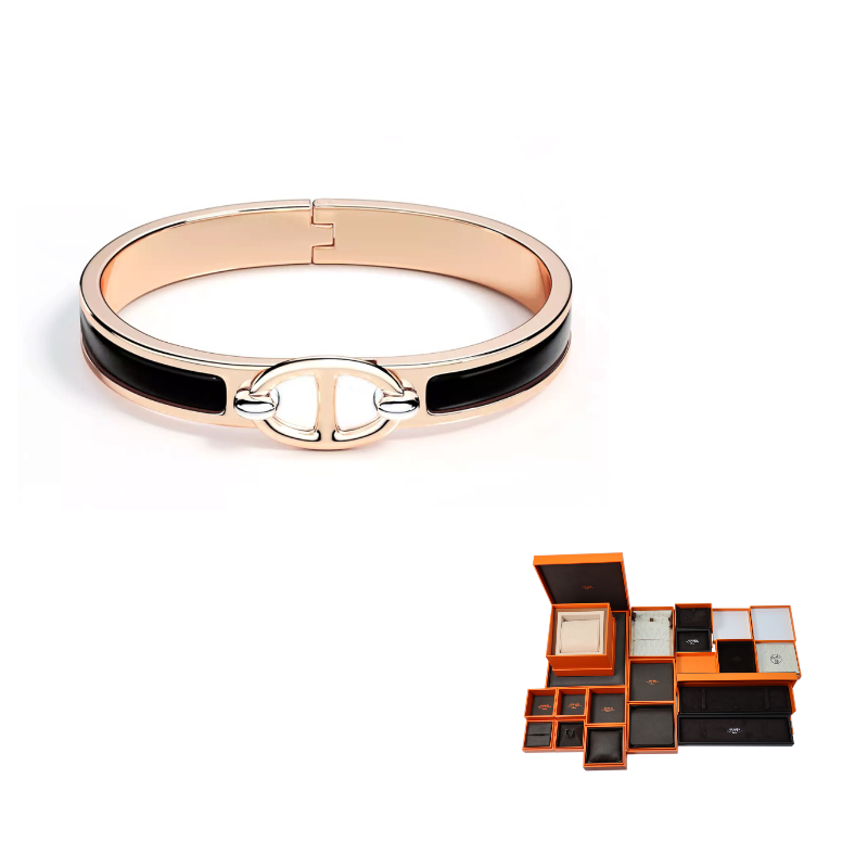 HERMES Enamel Bangles Unisex Rose Gold/Black