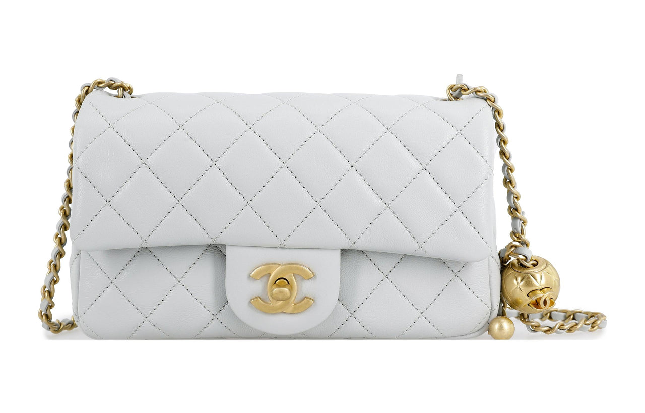 CHANEL Small Gold Ball Classic Flap CF Sheepskin Small Square Bag Shoulder Bag, Crossbody Bag Mini Women's Gray Green