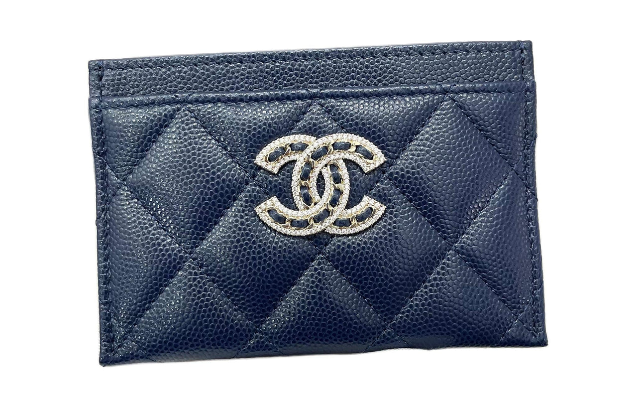 CHANEL Grained Embossed Cow Leather Card Holder Women's Blue