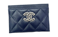 CHANEL Grained Embossed Cow Leather Card Holder Women's Blue