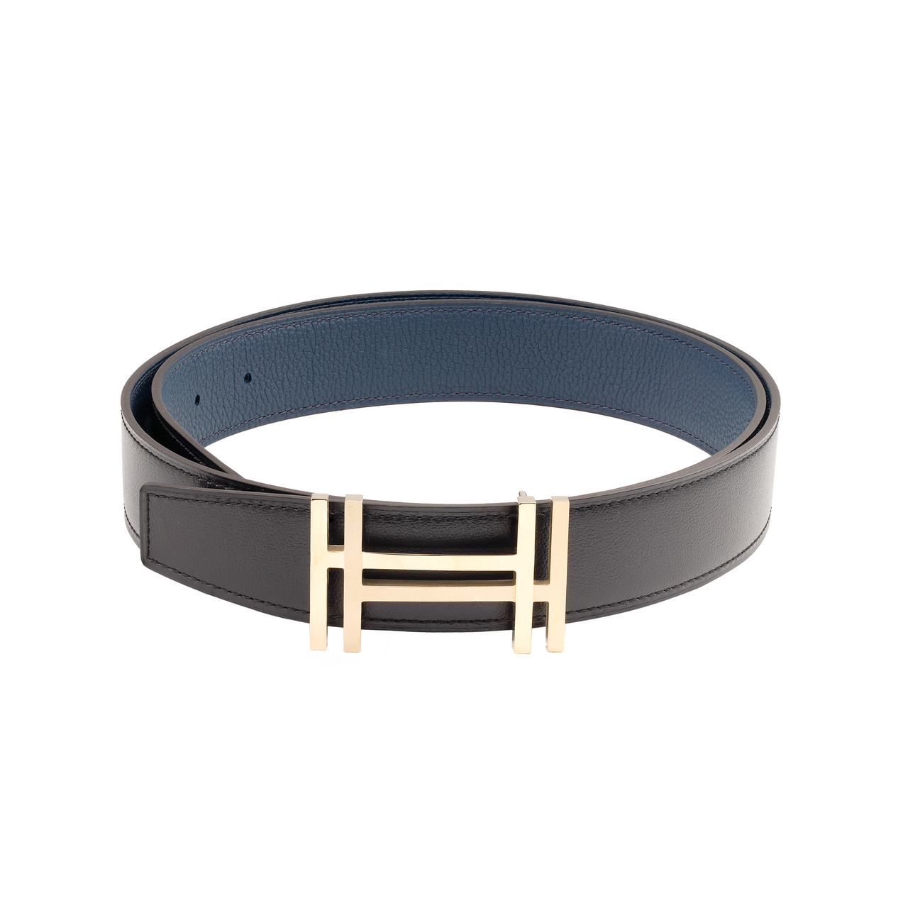 HERMES Cow Leather Belts Men's Black/Prussian Blue Width 3.2cm