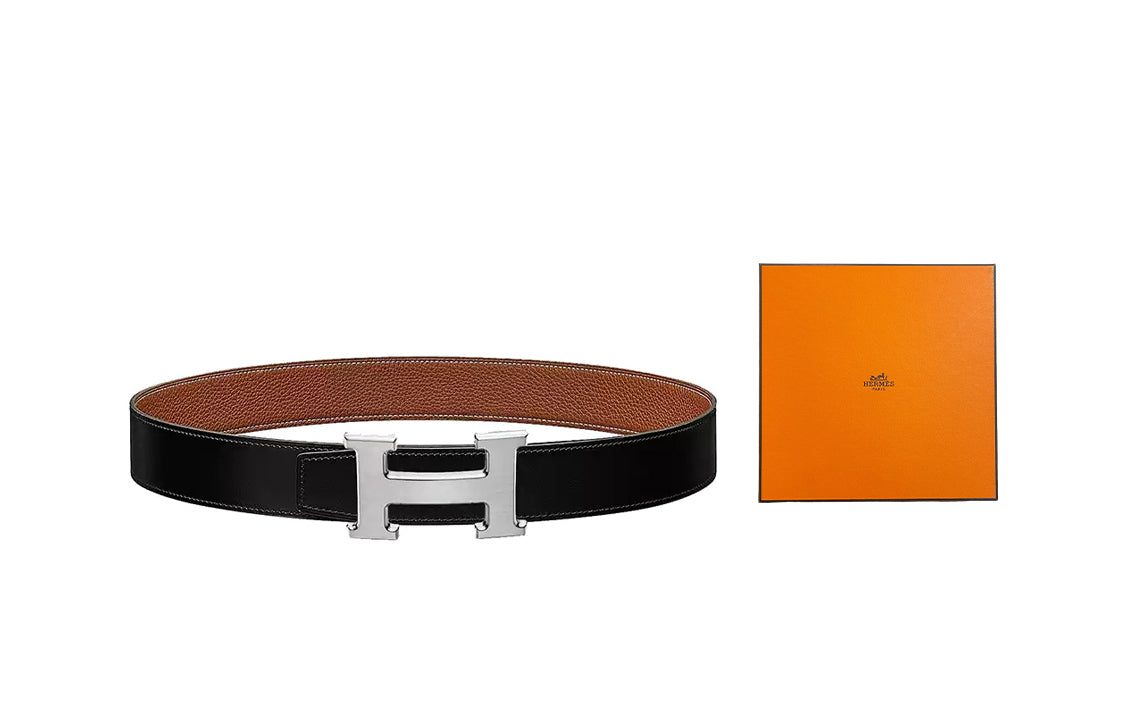 HERMES Classic Matte H Logo Silver Buckle Togo Calfskin Double-Sided Leather Belt Men's Black Brown Width: 3.2cm