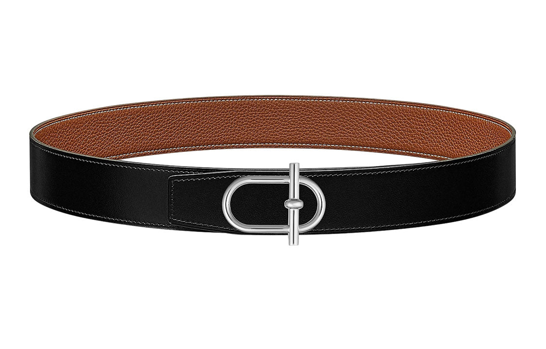 HERMES Individual Silver Buckle Togo Calfskin Double-Sided Leather Belt Men's Black/Brown Width: 3.8cm