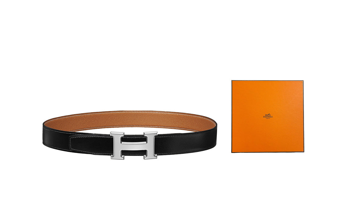 HERMES Classic H Shiny Silver Buckle Epsom Calfskin Belt Men's Black/Gold Width: 3.2cm