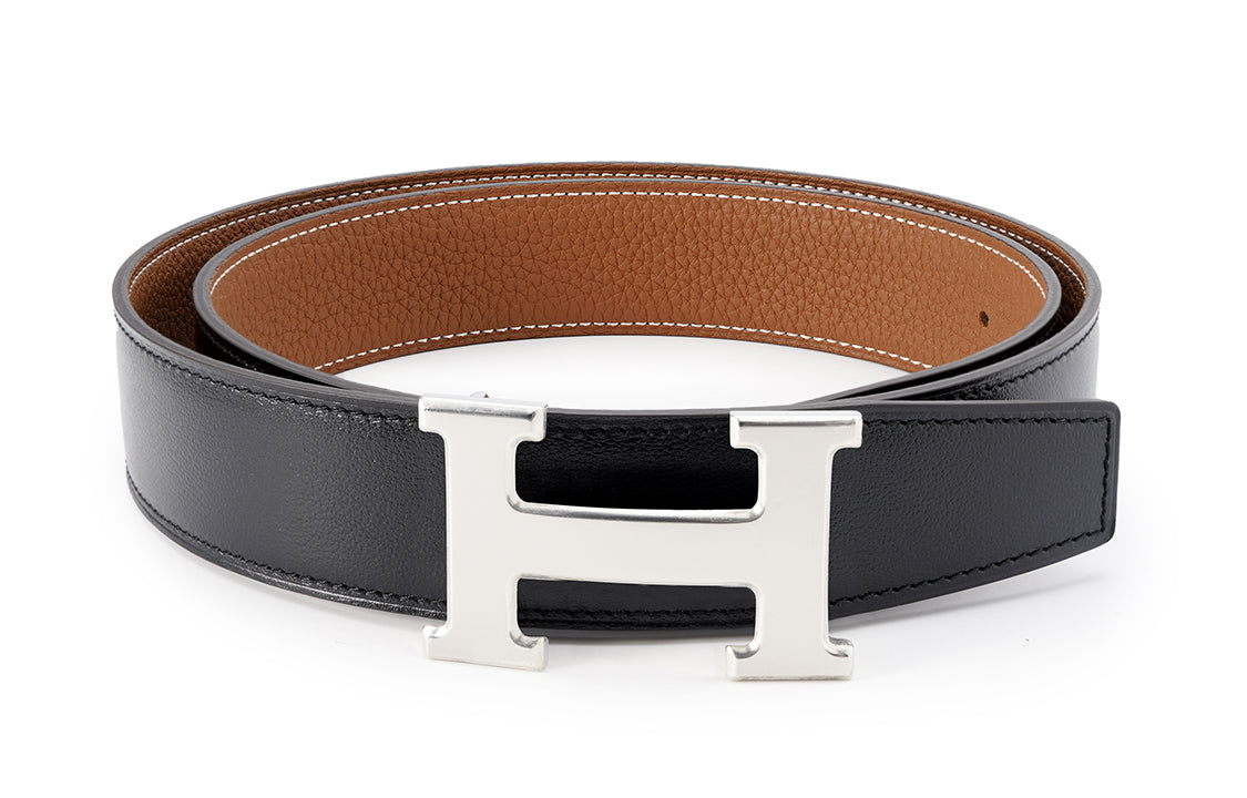 HERMES Cow Leather Belt Men's Black/Gold Width: 3.2cm