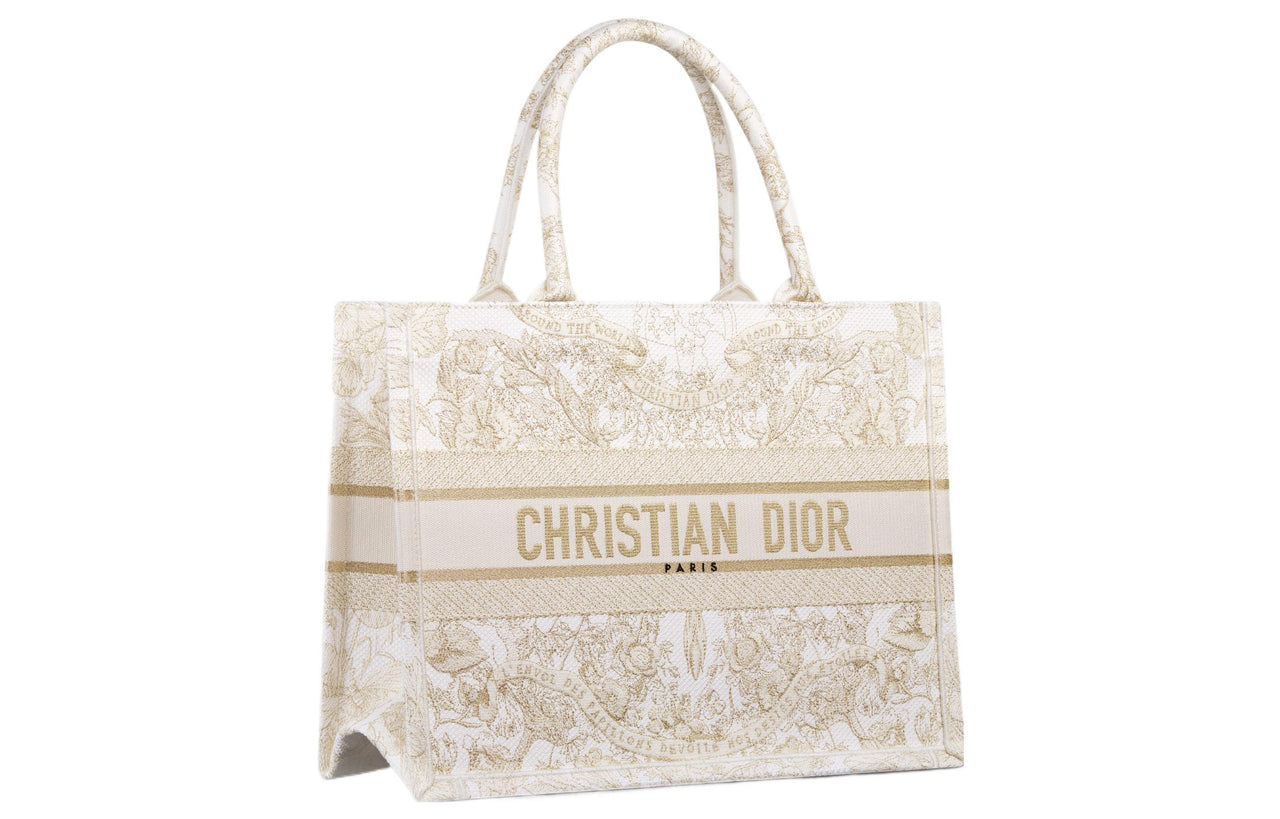 DIOR Embroidery Tote Bag, Shopping Bag, Handbag Medium Size Women's Gold & White