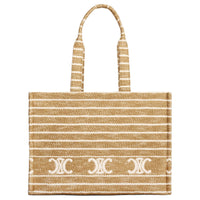 CELINE Striped Fabric With Calfskin Tote Bag, Shopping Bag, Handbag Large Size Women's Smoky