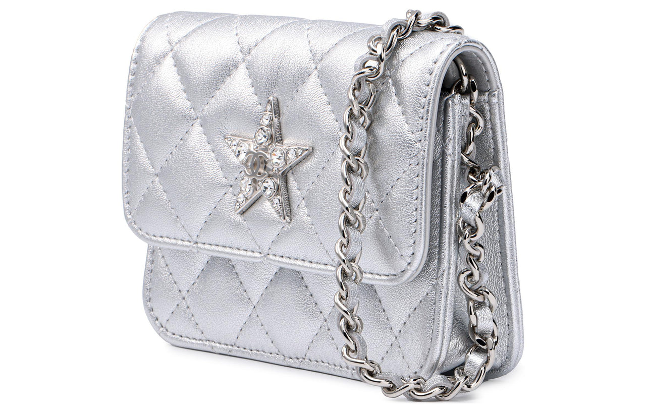 CHANEL Sheepskin Shoulder Bag Crossbody Bag Women's Silver