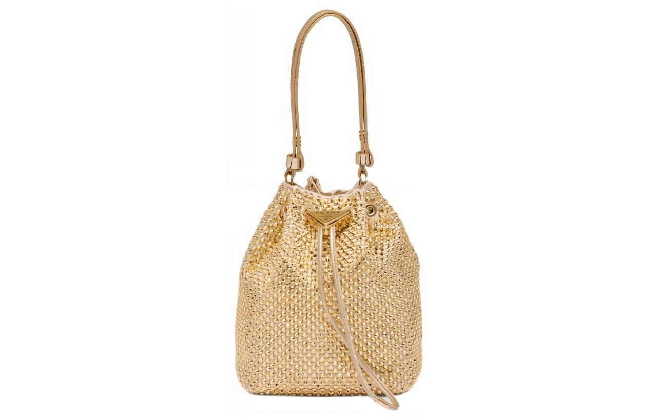 PRADA Crystal Decoration Satin Fabric Bucket Bags Shoulder Bag Crossbody Bag Handbag Mini Women's Platinum