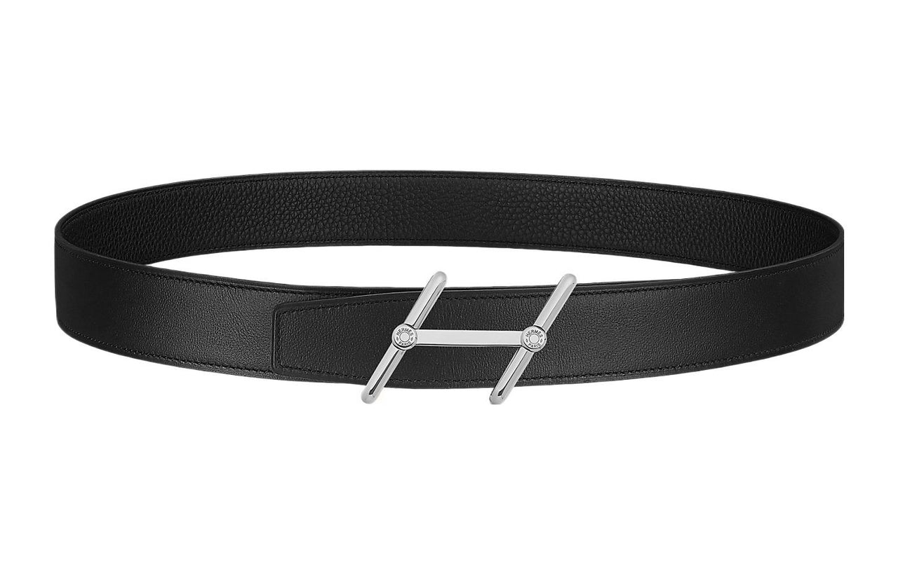 HERMES Double-Sided Elegant Elegance Silver Buckle Togo Calfskin Double-Sided Leather Belt Men's Black Width: 3.2cm