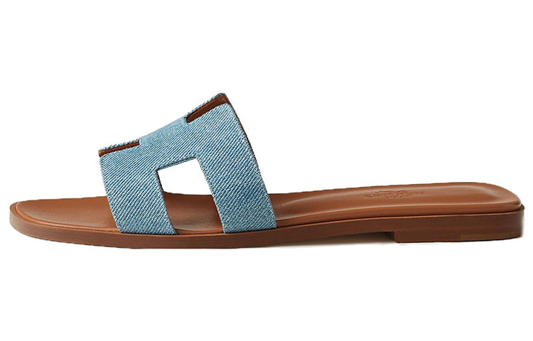 HERMES Oran Slide Slippers Women's Blue Brown