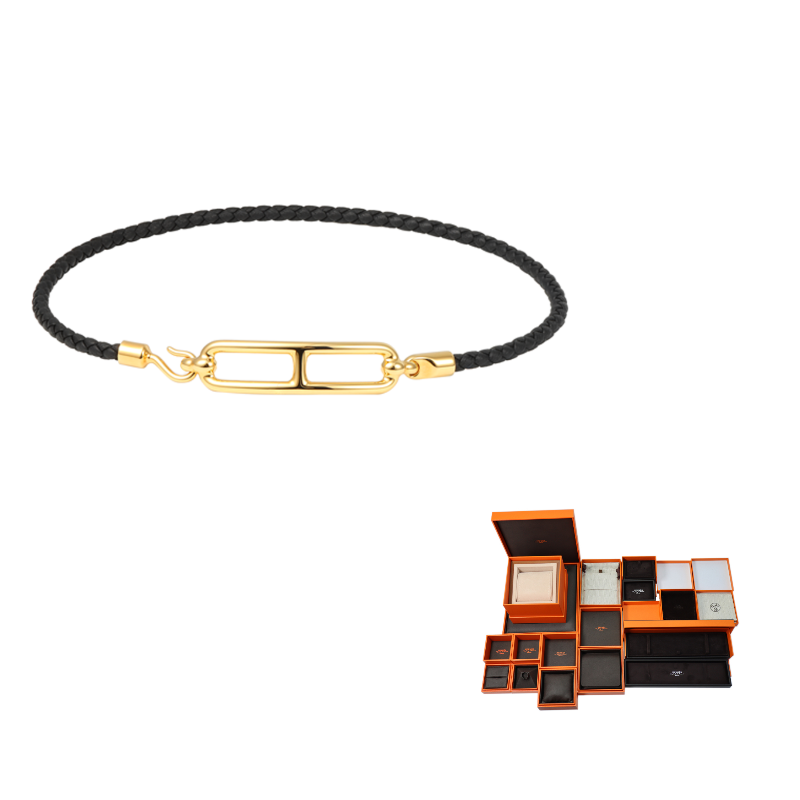 HERMES Leather Bracelets Unisex Black Gold