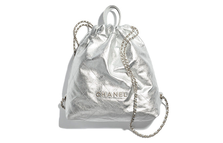 CHANEL Shiny Calfskin Backpack Large Size Women's Silver