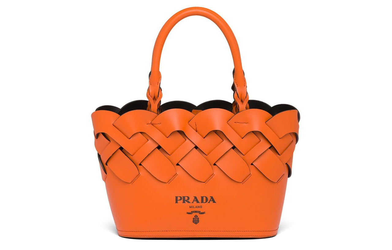 PRADA Calfskin Woven Bag Handbag Large Size Women's Orange
