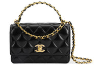 CHANEL 23P SS Glossy Leather Chain Bag Handbag Shoulder Bag Crossbody Bag Small Size Women's Black