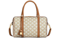 CELINE Triomphe Canvas And Calfskin Boston Bag Shoulder Bag Travel Bag Handbag Unisex White/Tawny