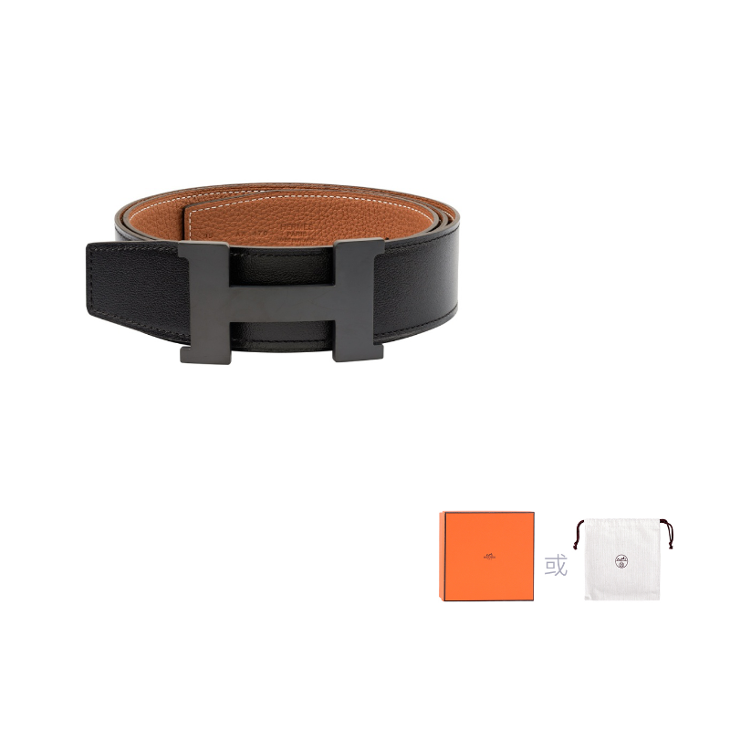 HERMES Togo Calfskin Double-Sided Leather Belt Unisex Black/Gold Width: 3.8cm