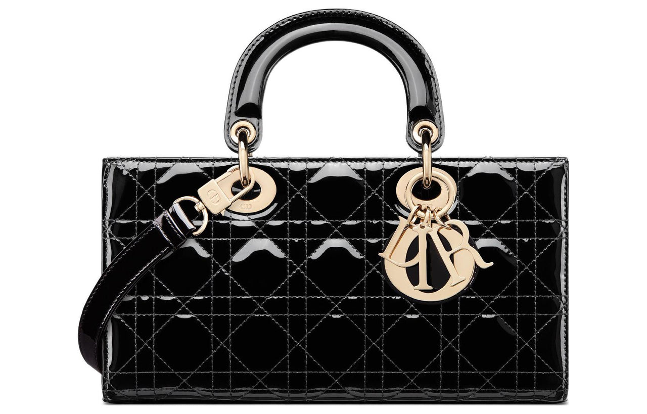 DIOR Lady D-JOY Patent Leather Cowhide Daisie Bag Shoulder Bag Crossbody Bag Handbag Medium Size Women's Black