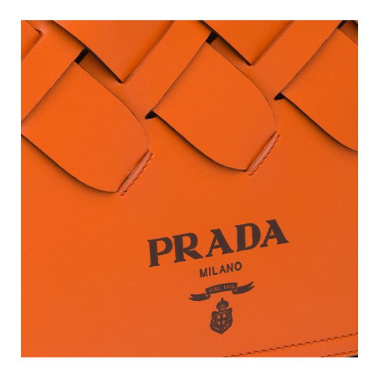 PRADA Calfskin Woven Bag Handbag Large Size Women's Orange