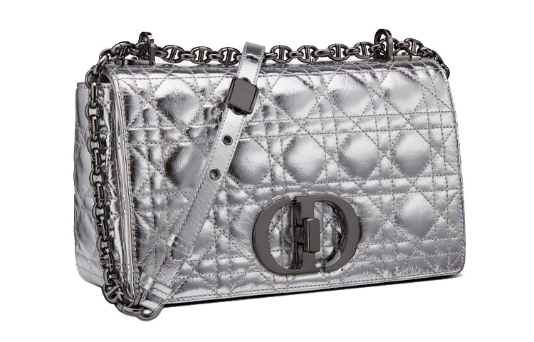 DIOR Caro Cow Leather Shoulder Bag, Crossbody Bag Medium Size Silver