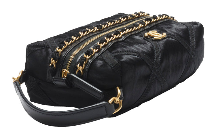 CHANEL Satin Toiletry Bag Unisex Black