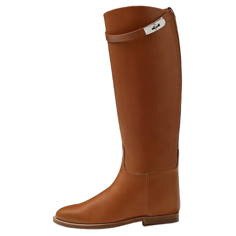HERMES Jumping Knee high Boots Women's Brown Asian Version