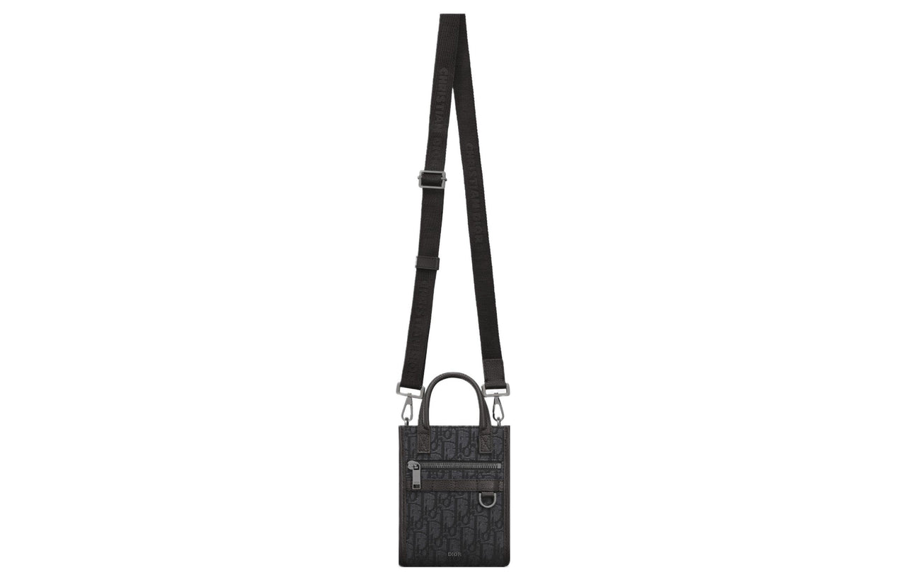 DIOR Oblique Printed Fabric Grain Embossed Cow Leather Handbag Shoulder Bag Crossbody Bag Mini Men's Black